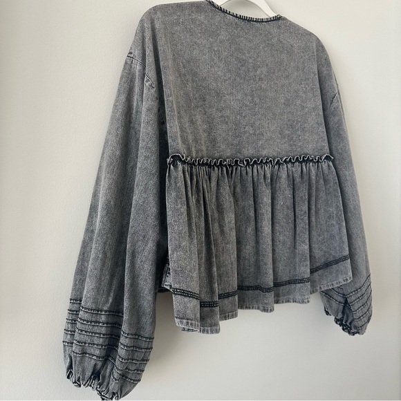 We The Free Free People charlotte smock top washed denim black peplum blouse top - Picture 10 of 15